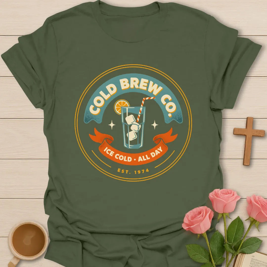Cold Brew Co iced tea shirt with vintage badge, iced drink, orange slice, straw, stars, and Ice Cold All Day text - Military Green