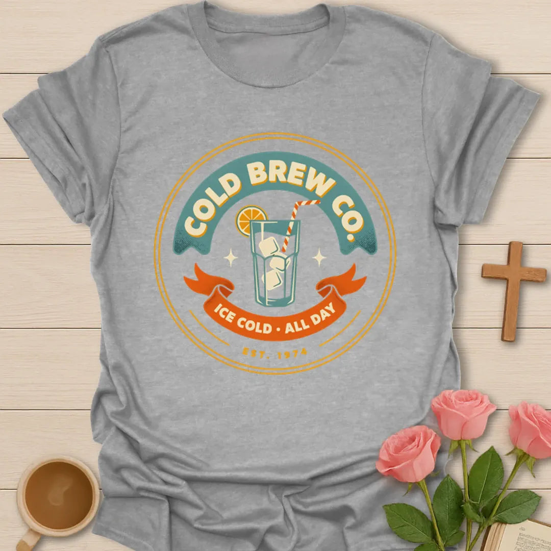 Cold Brew Co iced tea shirt with vintage badge, iced drink, orange slice, straw, stars, and Ice Cold All Day text - Sport Grey