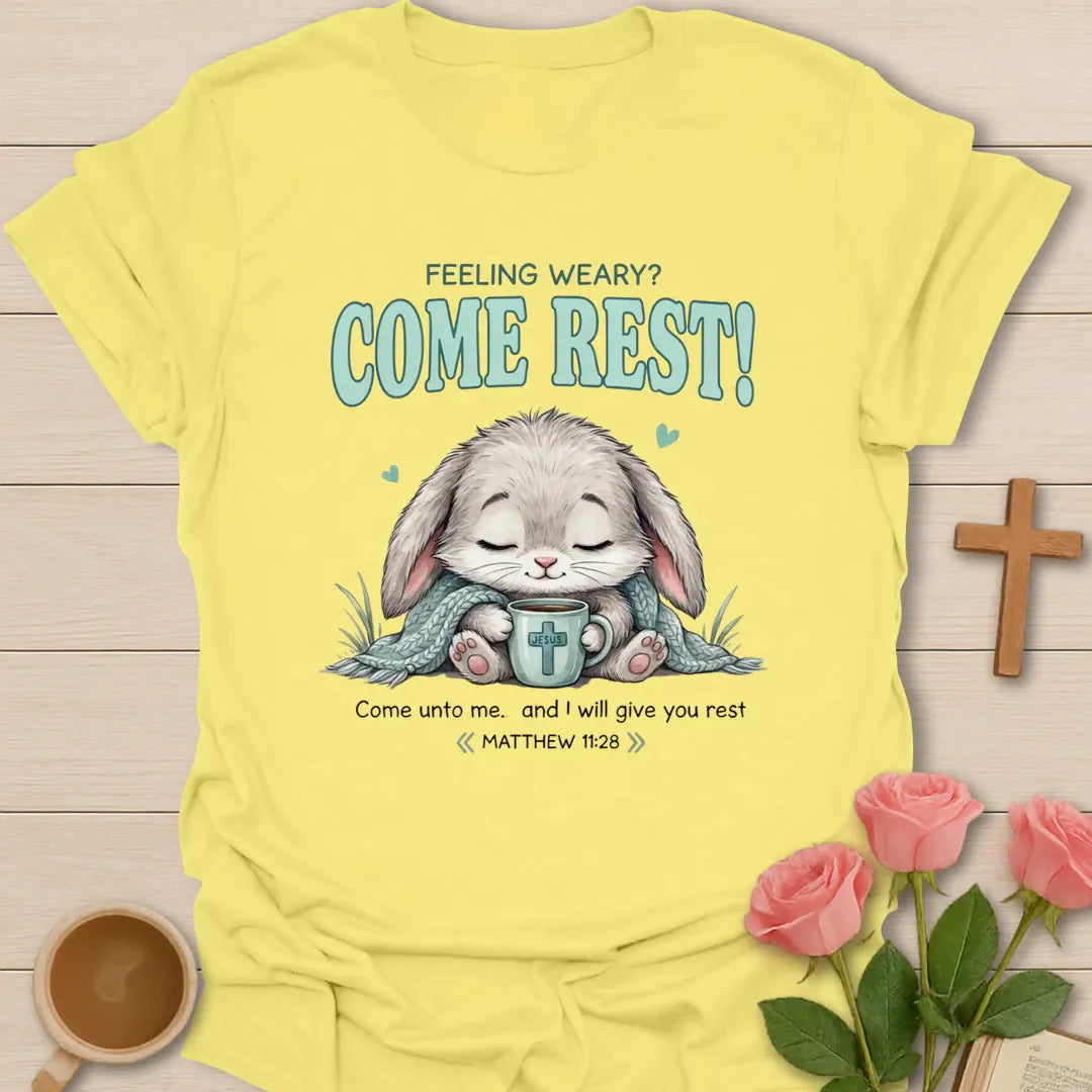 Come Rest Bunny Christian t-shirt with faith-inspired tea lettering design - Cornsilk
