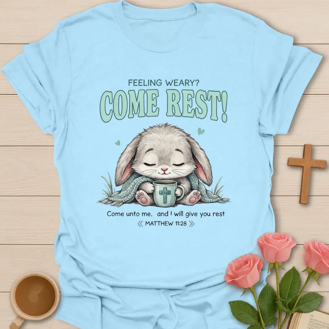 Come Rest Bunny Christian t-shirt with faith-inspired tea lettering design - Light Blue