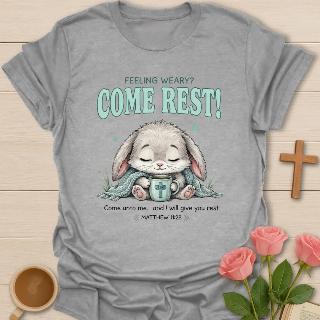 Come Rest Bunny Christian t-shirt with faith-inspired tea lettering design - Sport Grey