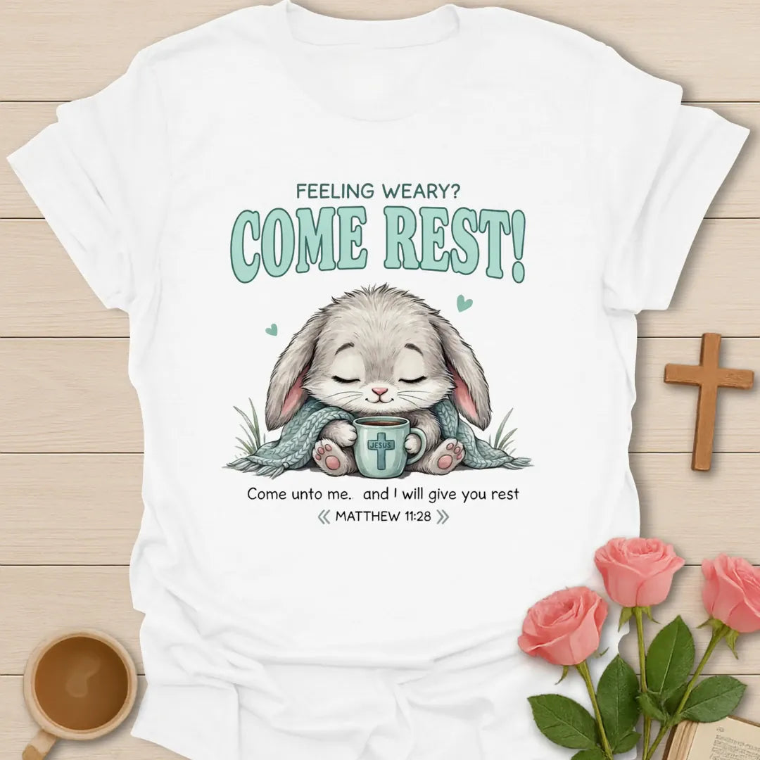 Come Rest Bunny Christian t-shirt with faith-inspired tea lettering design - White
