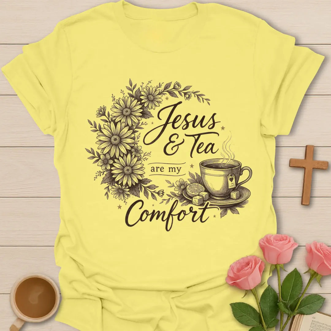 Comforting Jesus and Tea shirt with floral design, teacup, cross, faith lettering, and peaceful Christian artwork. - Cornsilk