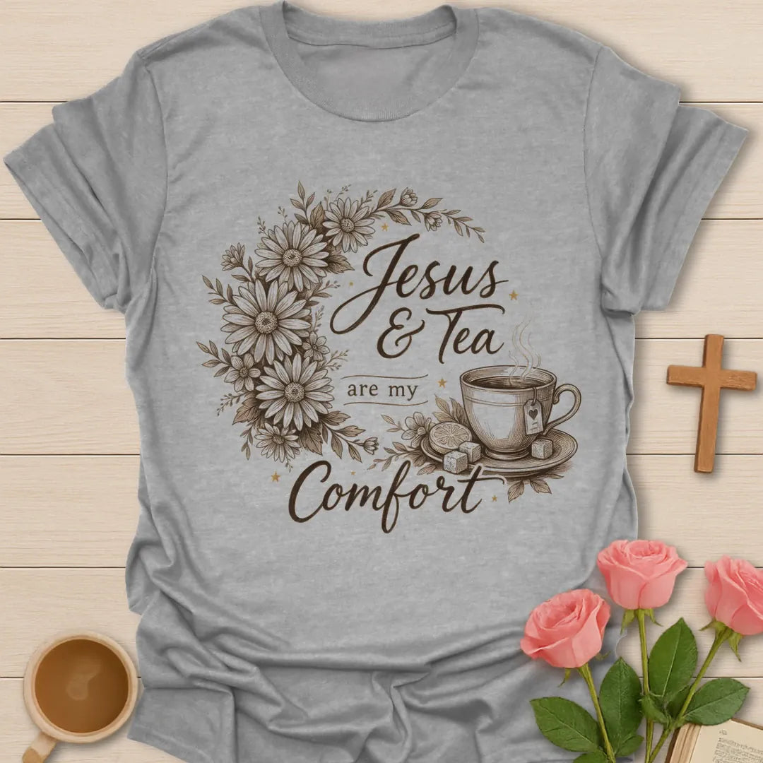 Comforting Jesus and Tea shirt with floral design, teacup, cross, faith lettering, and peaceful Christian artwork. - Sport Grey