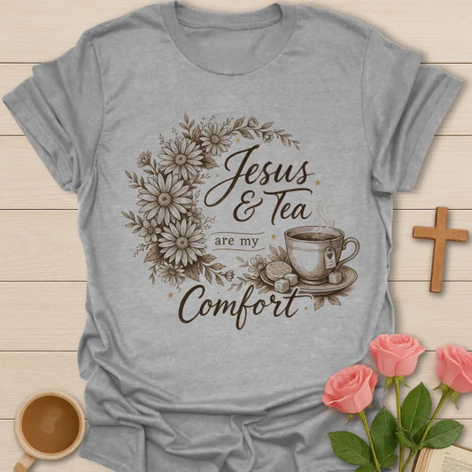 Comforting Jesus and Tea shirt with floral design, teacup, cross, faith lettering, and peaceful Christian artwork. - Sport Grey