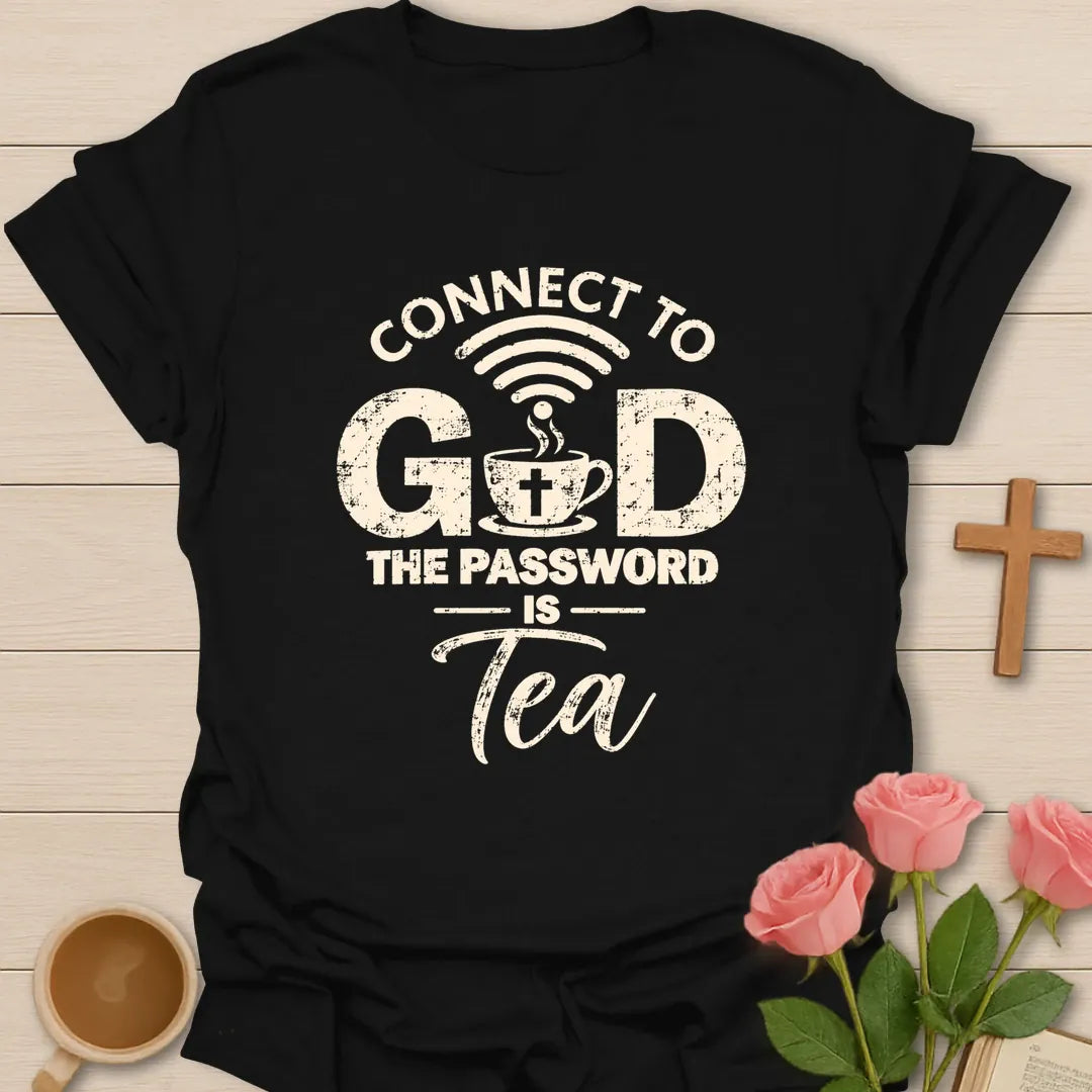 Connect To God Christian tea t-shirt with quiet lettering and faith-inspired design. - Black