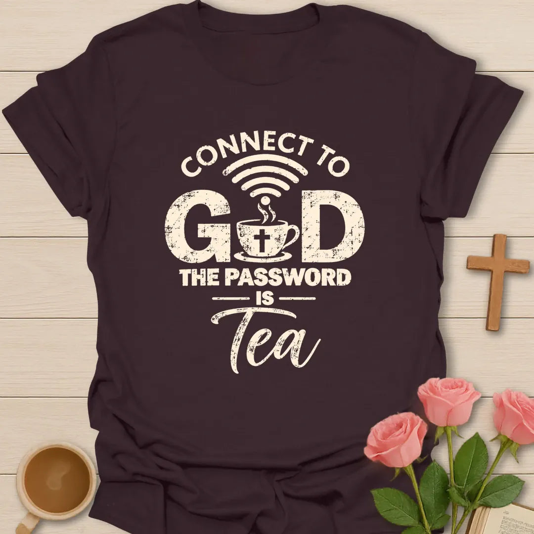 Connect To God Christian tea t-shirt with quiet lettering and faith-inspired design. - Dark Chocolate