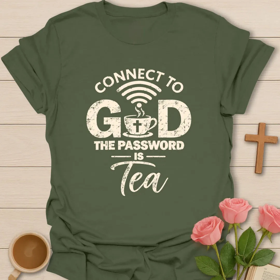 Connect To God Christian tea t-shirt with quiet lettering and faith-inspired design. - Military Green