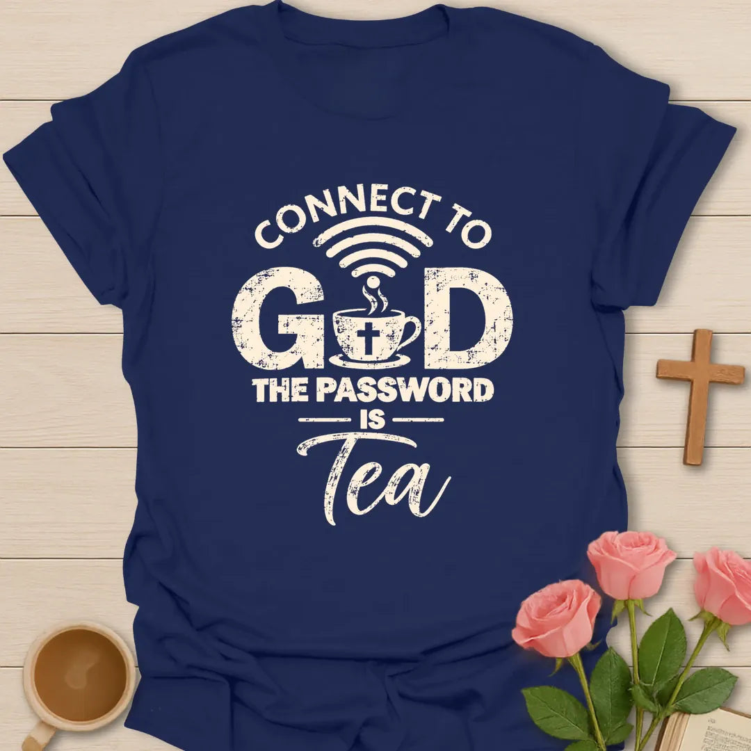 Connect To God Christian tea t-shirt with quiet lettering and faith-inspired design. - Navy