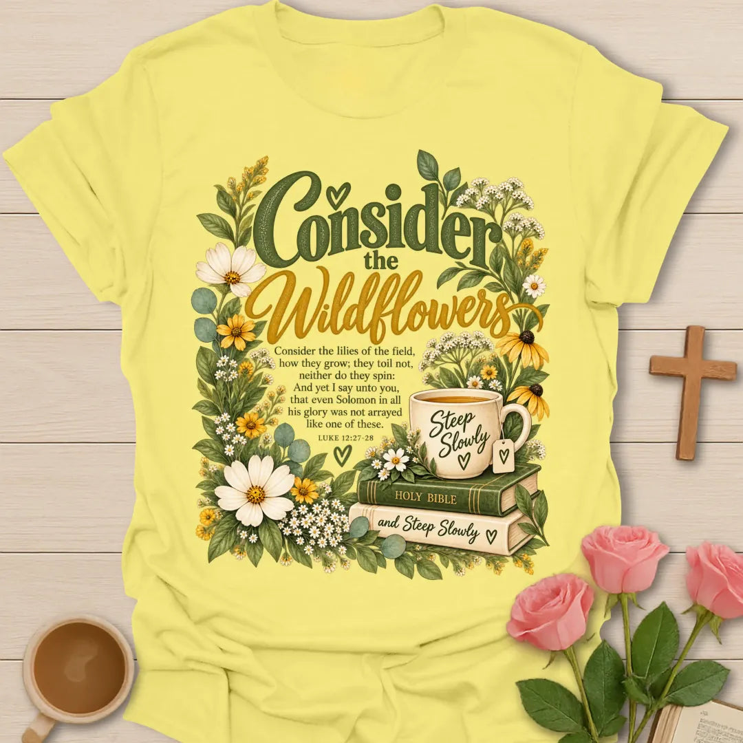 Consider The Wildflowers t-shirt with floral faith-inspired design - Cornsilk