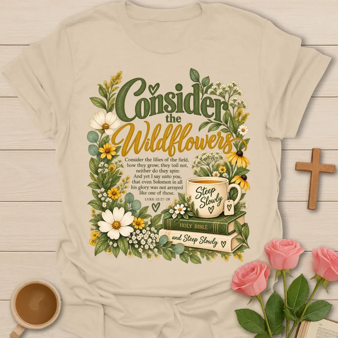 Consider The Wildflowers t-shirt with floral faith-inspired design - Sand
