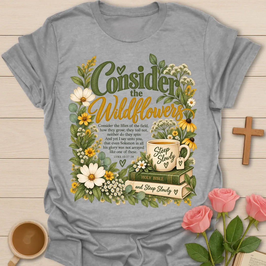 Consider The Wildflowers t-shirt with floral faith-inspired design - Sport Grey