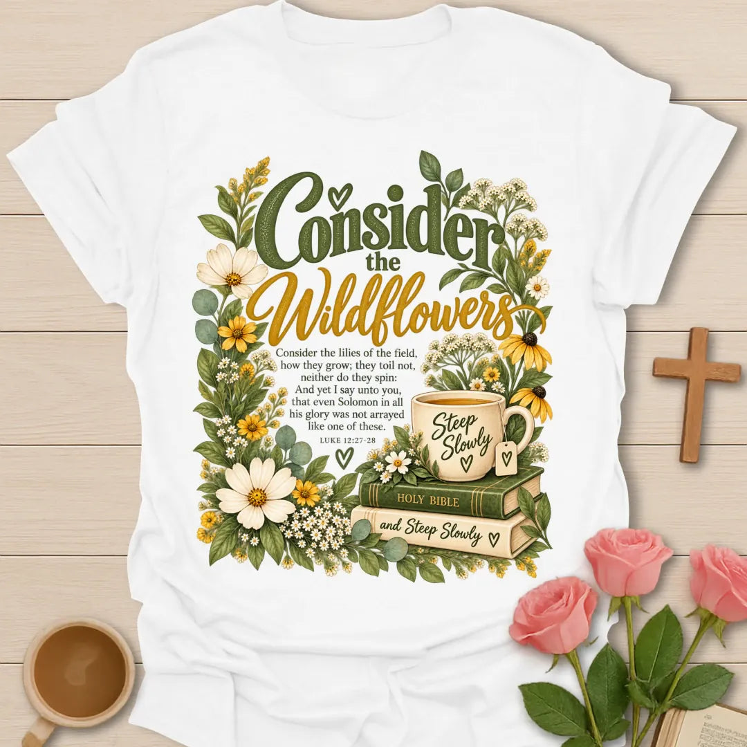 Consider The Wildflowers t-shirt with floral faith-inspired design - White