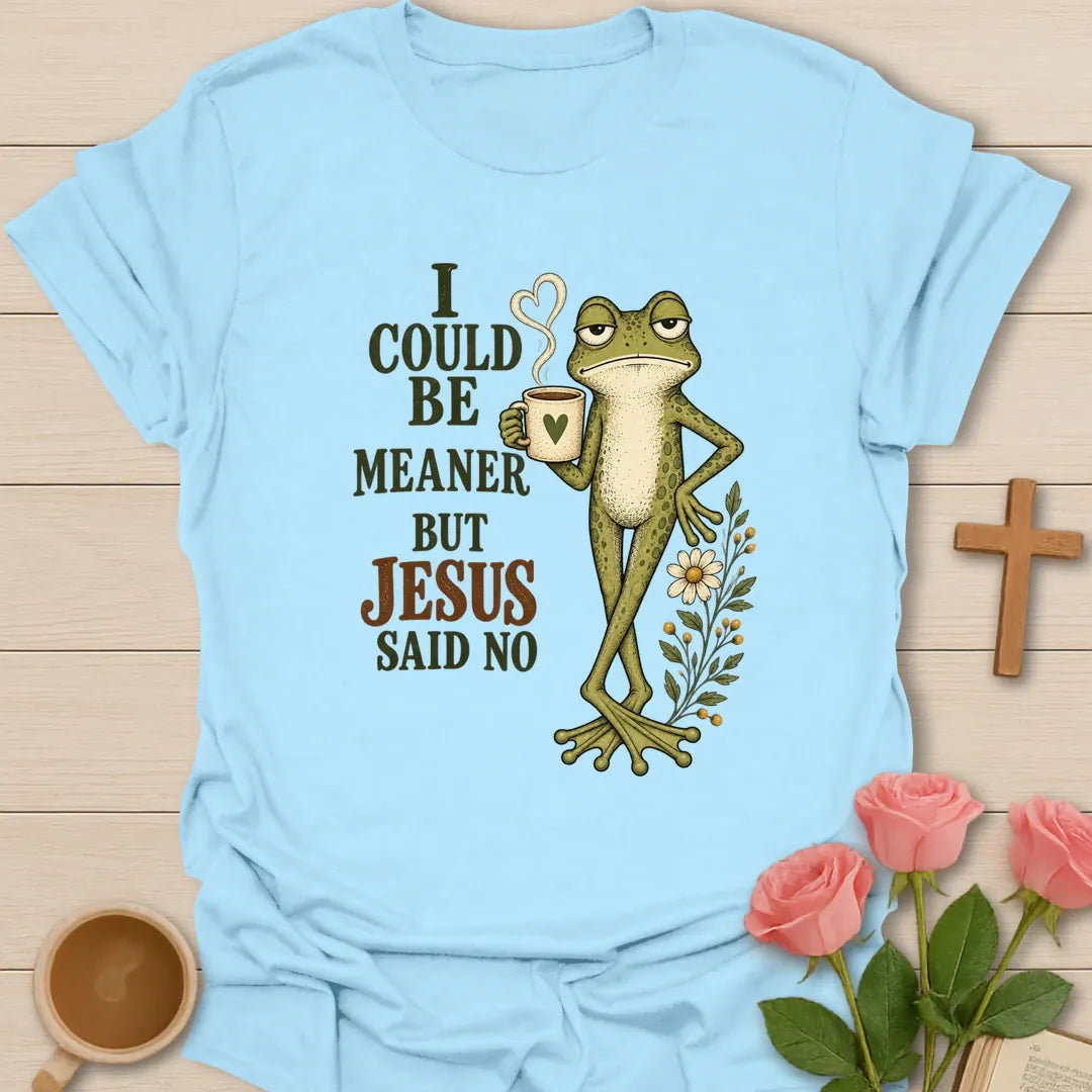 Could Be Meaner funny Christian tea t-shirt with playful lettering and faith-inspired design. - Light Blue