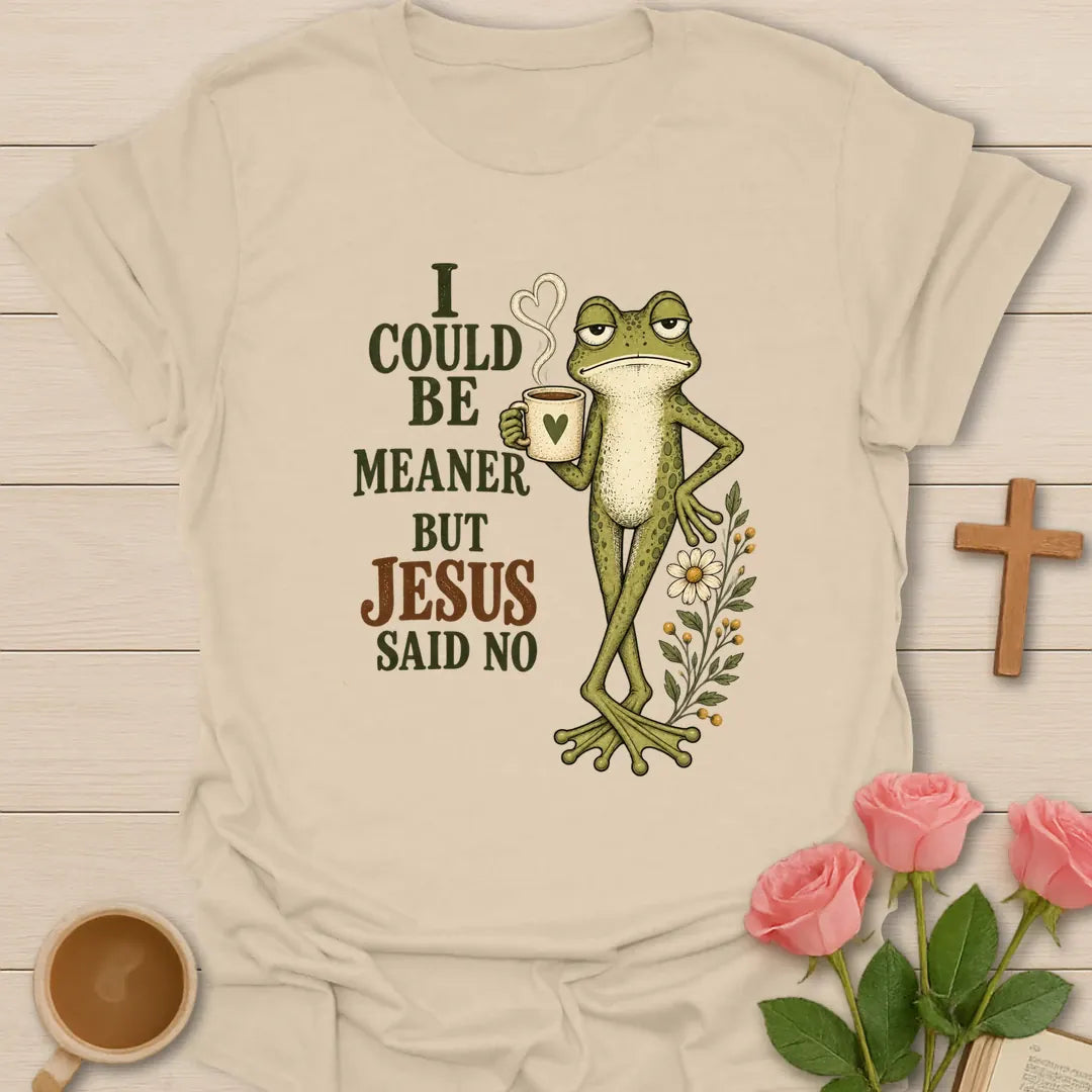 Could Be Meaner funny Christian tea t-shirt with playful lettering and faith-inspired design. - Sand