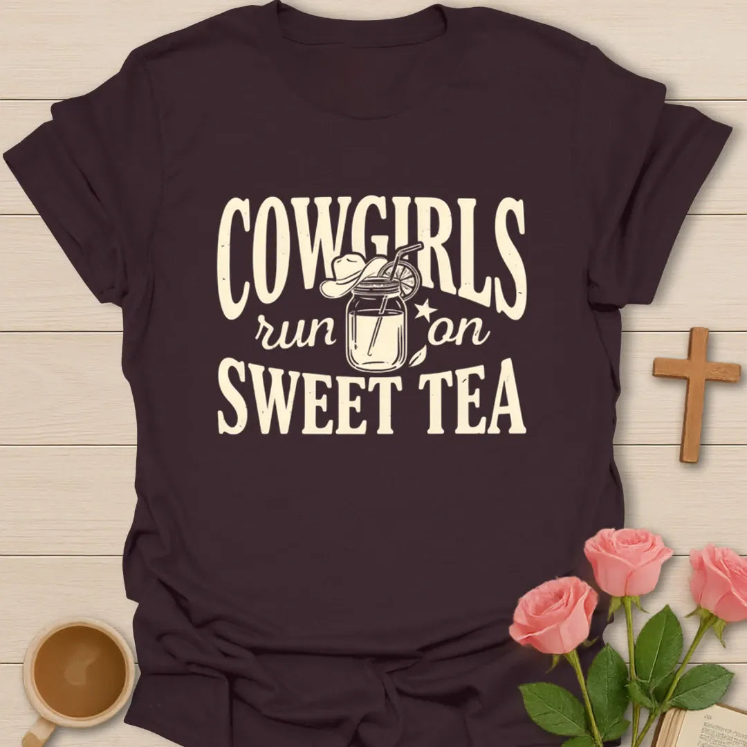 Cowgirls Run On Sweet Tea shirt with mason jar tea, lemon, stars, and bold Western cream lettering - Dark Chocolate