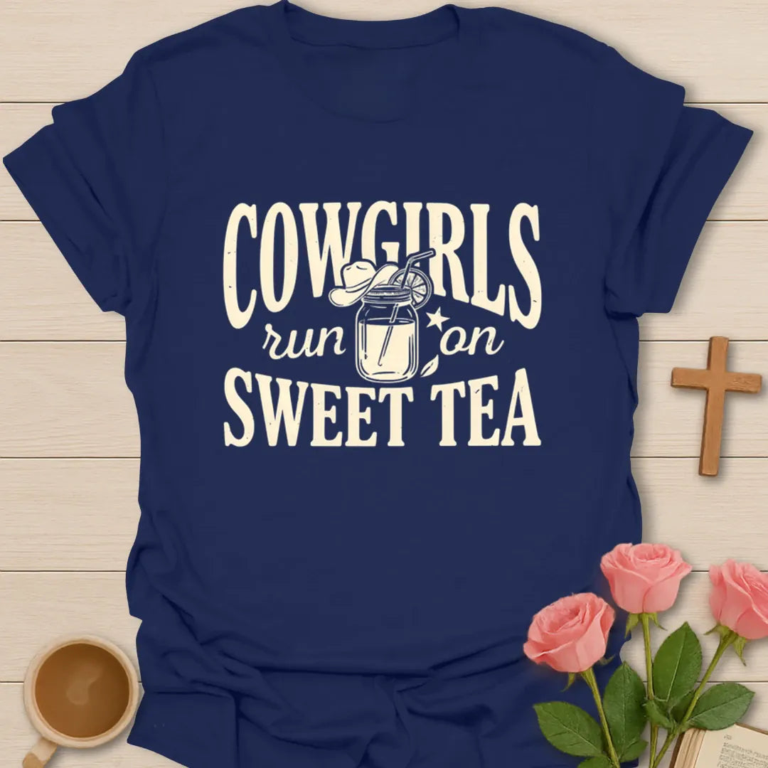 Cowgirls Run On Sweet Tea shirt with mason jar tea, lemon, stars, and bold Western cream lettering - Navy