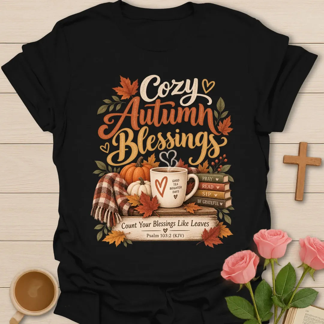 Cozy Autumn Blessings T-Shirt with fall and faith-inspired lettering. - Black