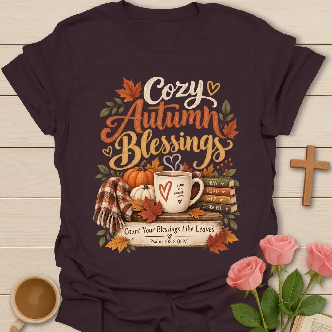 Cozy Autumn Blessings T-Shirt with fall and faith-inspired lettering. - Dark Chocolate