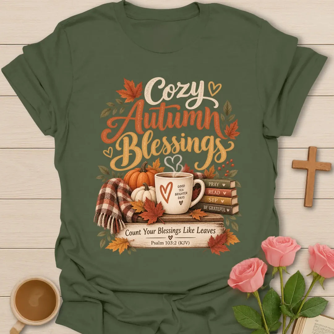 Cozy Autumn Blessings T-Shirt with fall and faith-inspired lettering. - Military Green