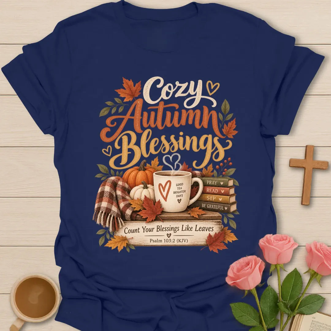 Cozy Autumn Blessings T-Shirt with fall and faith-inspired lettering. - Navy