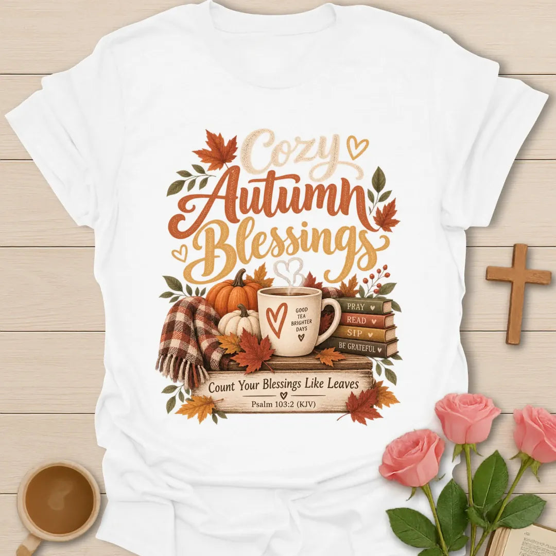 Cozy Autumn Blessings T-Shirt with fall and faith-inspired lettering. - White