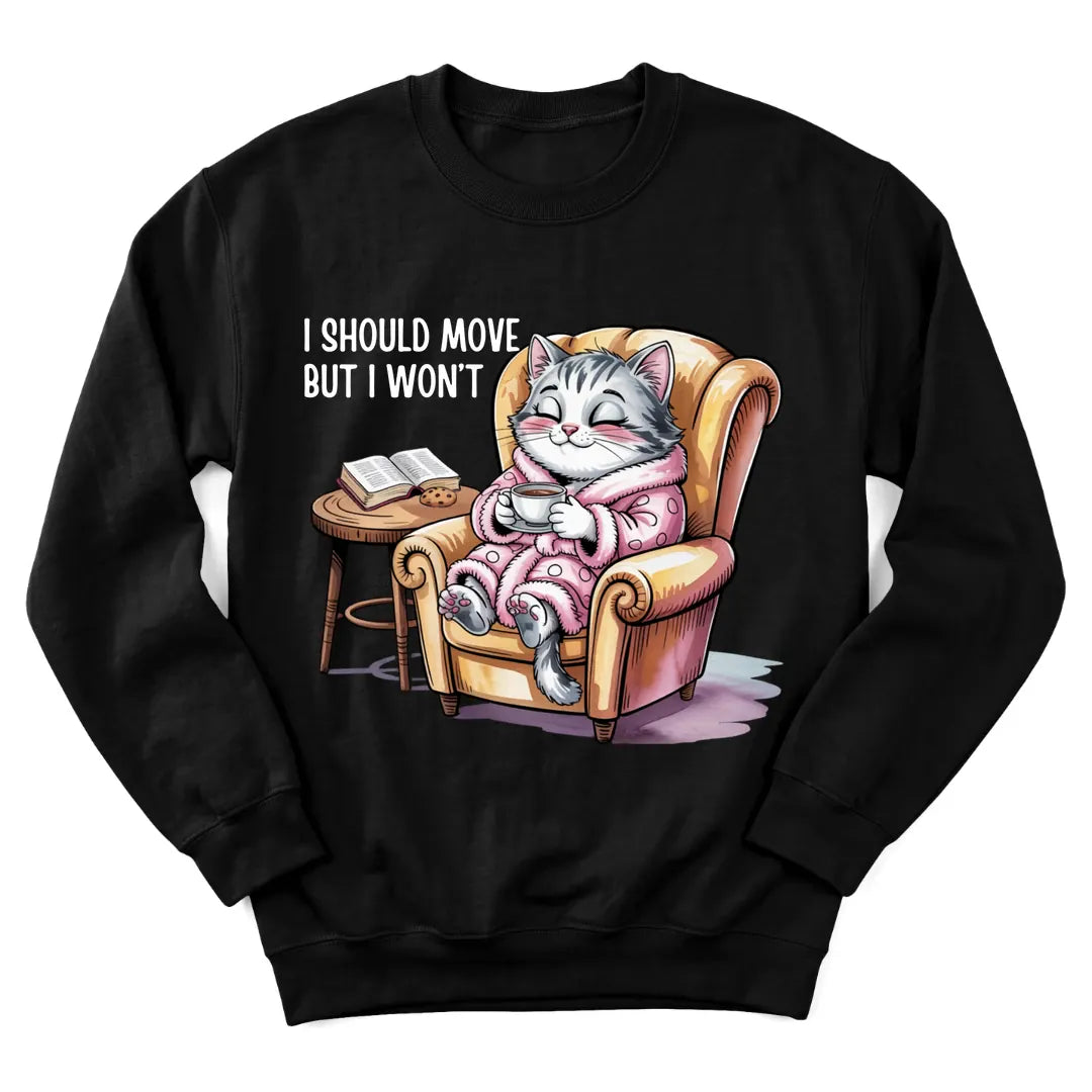 Cozy Devotion Cat sweatshirt with cat, Bible and teacup illustration - Black