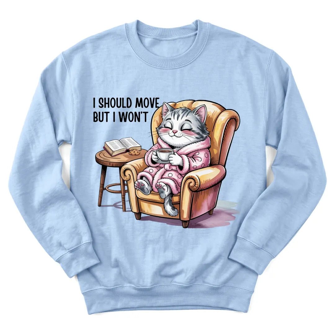 Cozy Devotion Cat sweatshirt with cat, Bible and teacup illustration - Light Blue