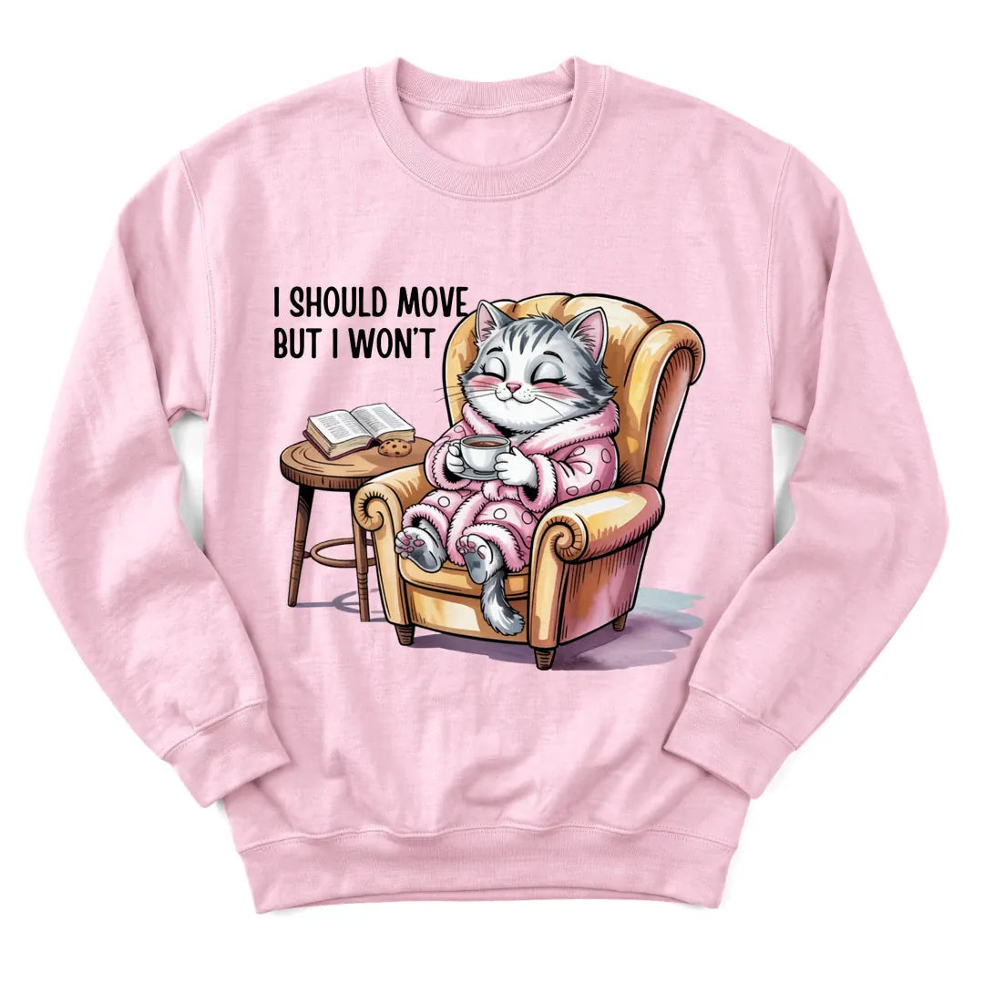 Cozy Devotion Cat sweatshirt with cat, Bible and teacup illustration - Light Pink