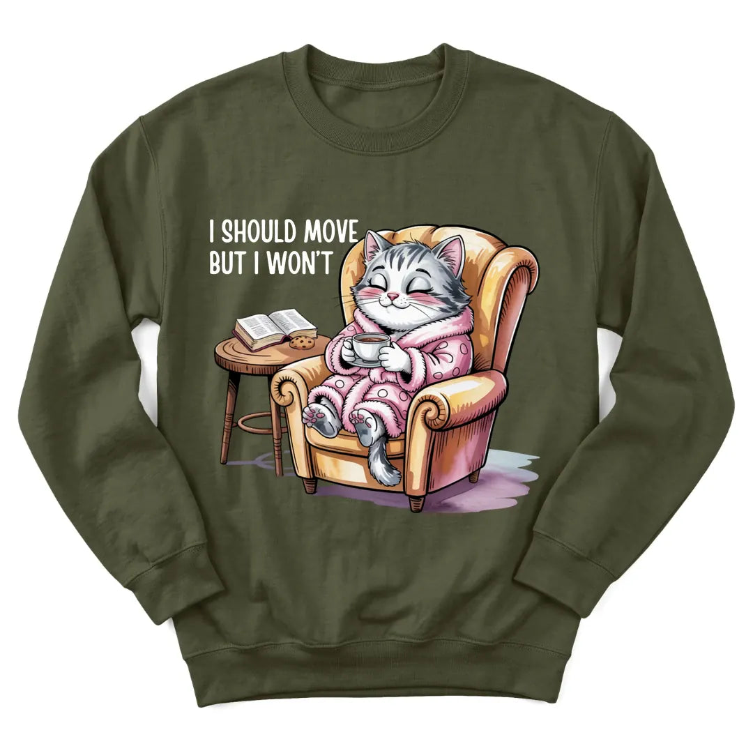 Cozy Devotion Cat sweatshirt with cat, Bible and teacup illustration - Military Green