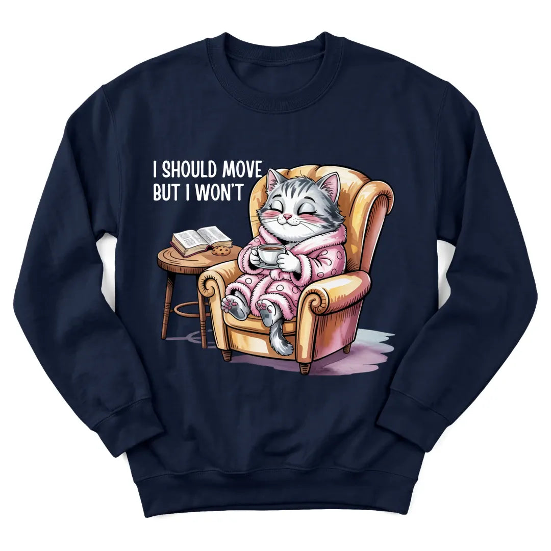 Cozy Devotion Cat sweatshirt with cat, Bible and teacup illustration - Navy