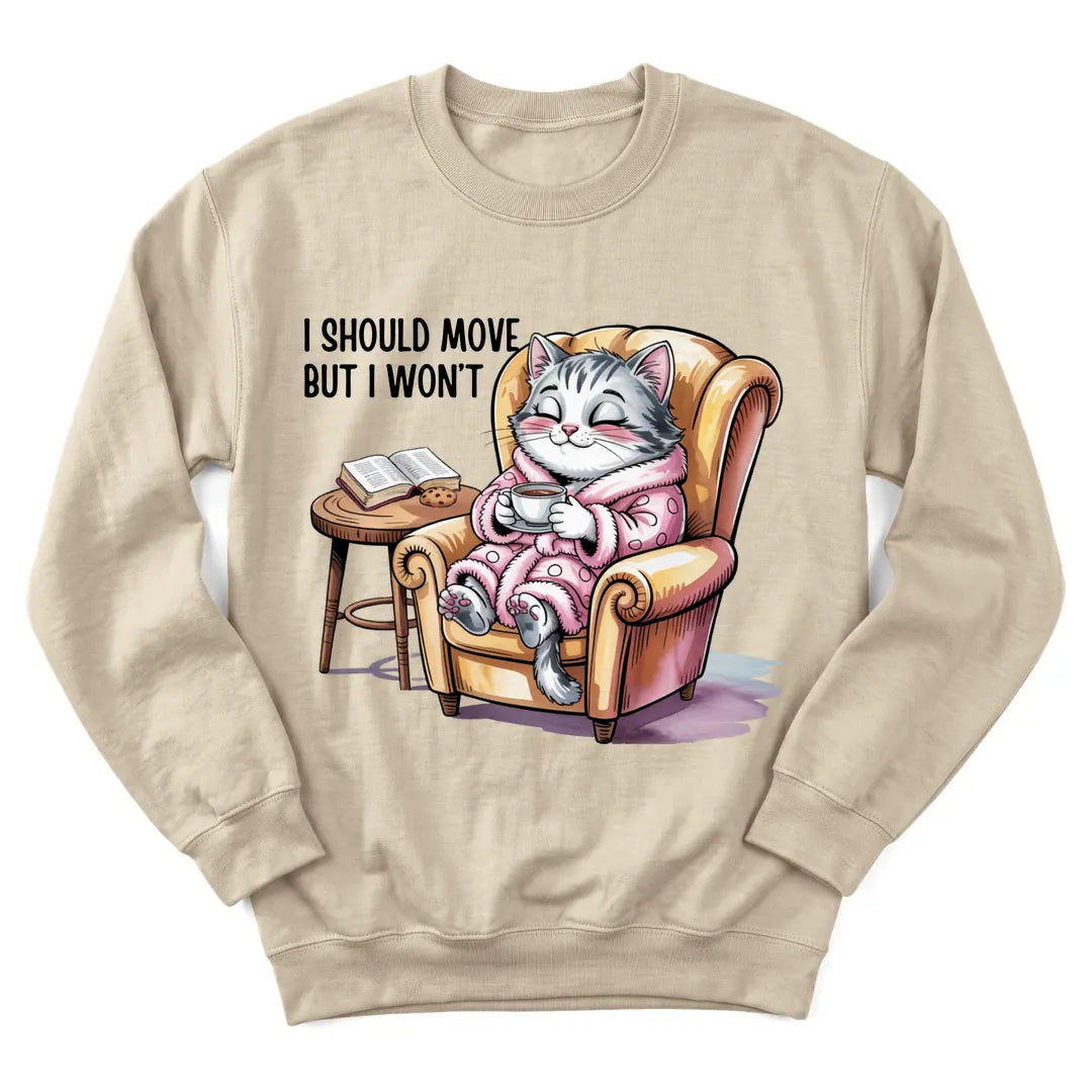 Cozy Devotion Cat sweatshirt with cat, Bible and teacup illustration - Sand