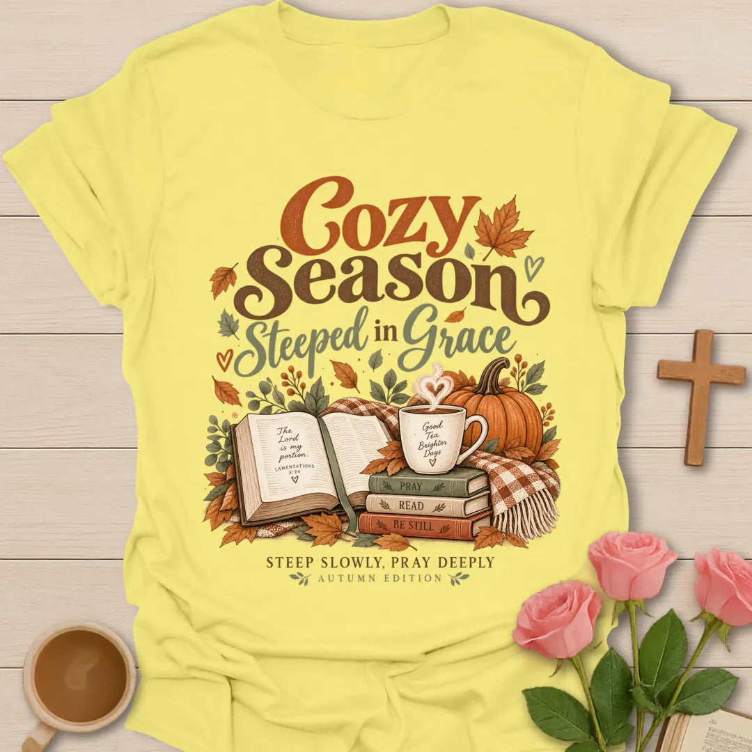Cozy Season T-Shirt with soft cozy lettering and faith-inspired design. - Cornsilk