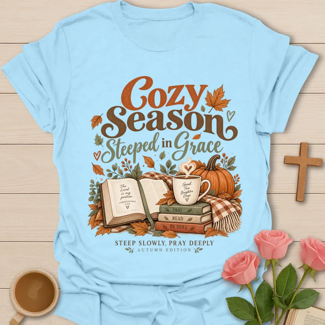 Cozy Season T-Shirt with soft cozy lettering and faith-inspired design. - Light Blue