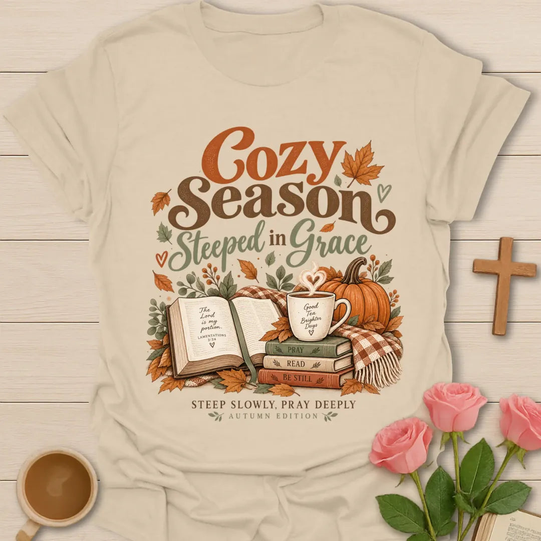 Cozy Season T-Shirt with soft cozy lettering and faith-inspired design. - Sand