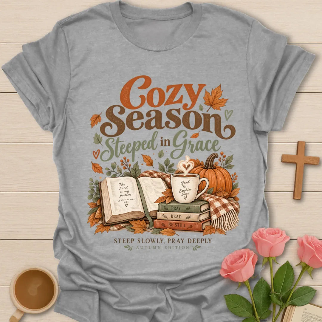 Cozy Season T-Shirt with soft cozy lettering and faith-inspired design. - Sport Grey