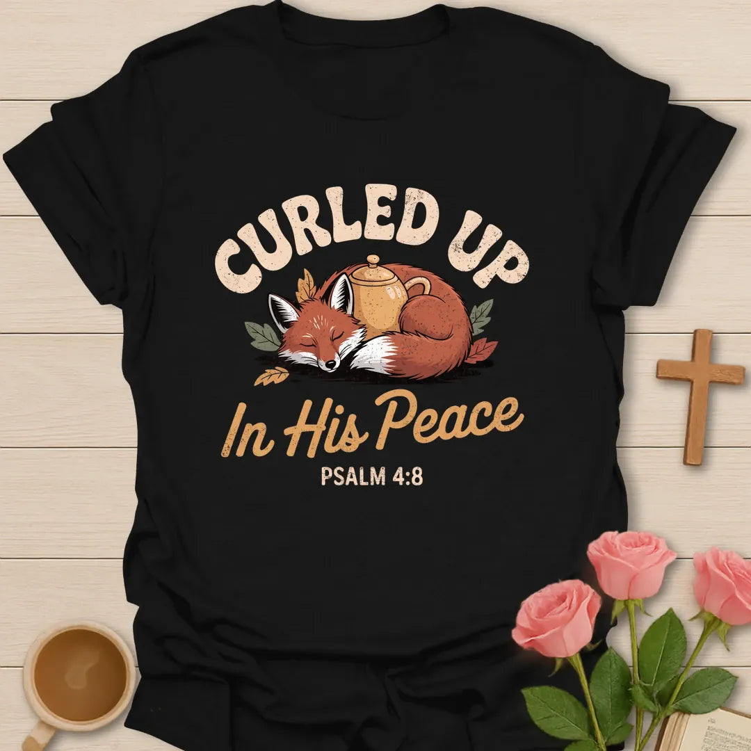 Curled Up In His Peace Christian t-shirt with a sleeping fox curled around a teapot among autumn leaves and Psalm 4:8 - Black