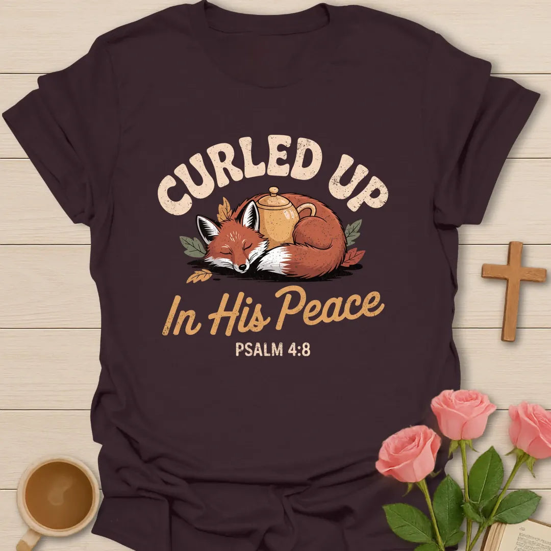 Curled Up In His Peace Christian t-shirt with a sleeping fox curled around a teapot among autumn leaves and Psalm 4:8 - Dark Chocolate