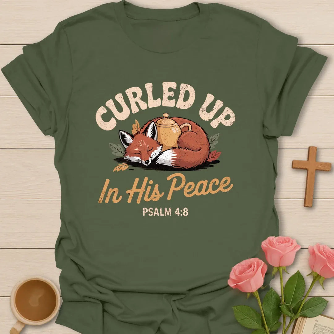 Curled Up In His Peace Christian t-shirt with a sleeping fox curled around a teapot among autumn leaves and Psalm 4:8 - Military Green