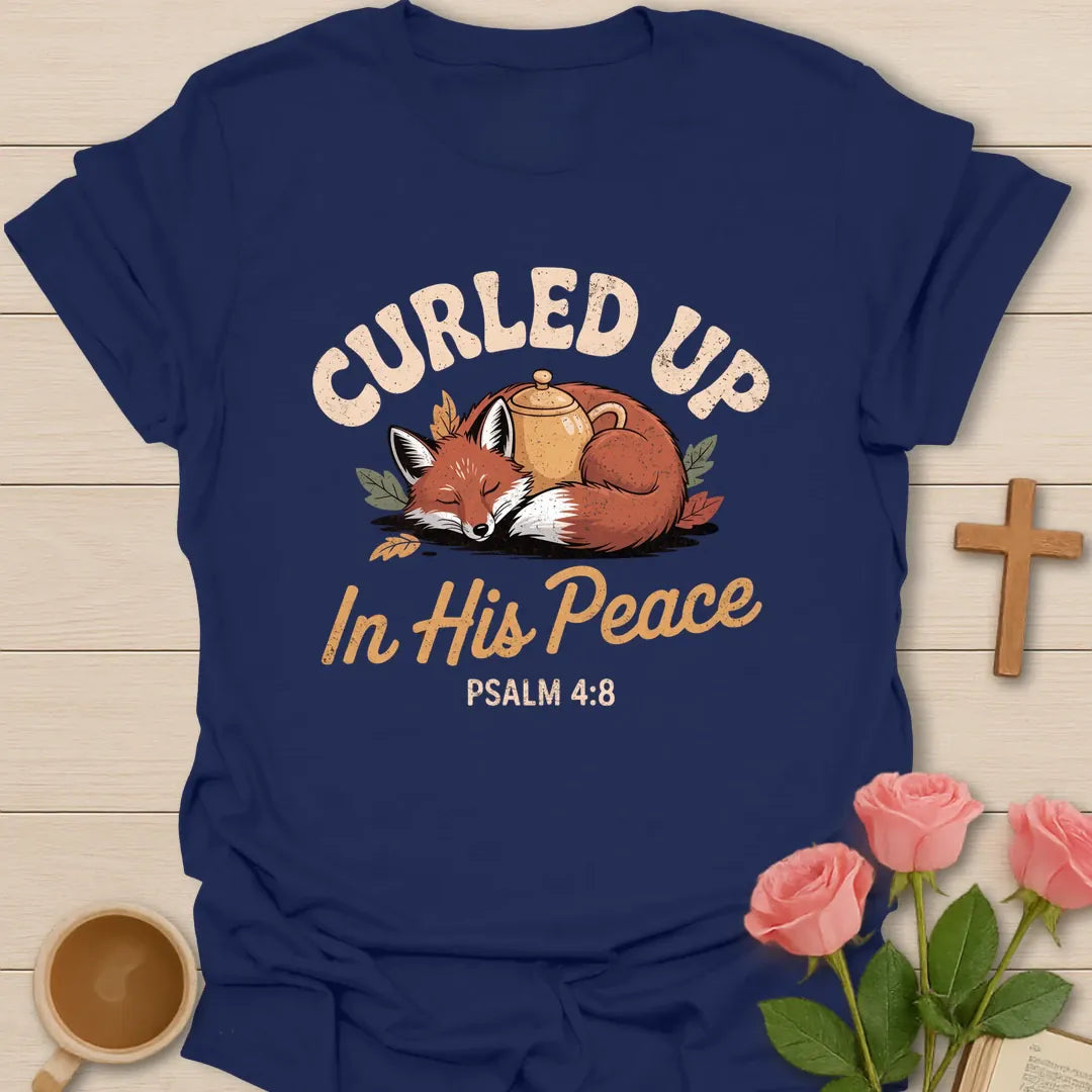 Curled Up In His Peace Christian t-shirt with a sleeping fox curled around a teapot among autumn leaves and Psalm 4:8 - Navy