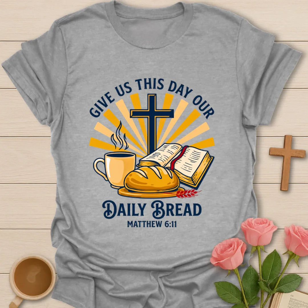 Daily Bread Christian shirt with open Bible, bread, cross, sun rays, and coffee cup. - Sport Grey