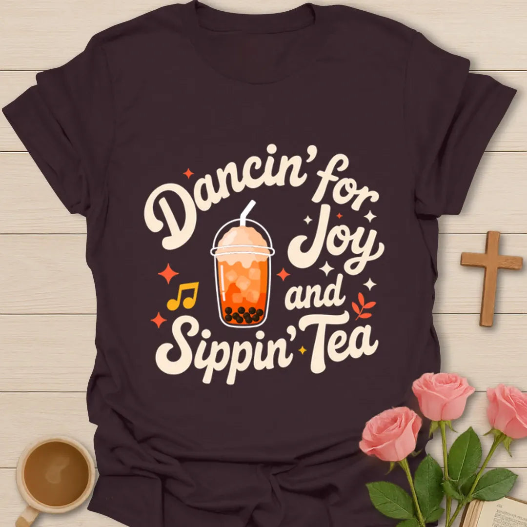 Dancin For Joy and Sippin Tea shirt with bubble tea cup, music notes, stars, and retro lettering. - Dark Chocolate
