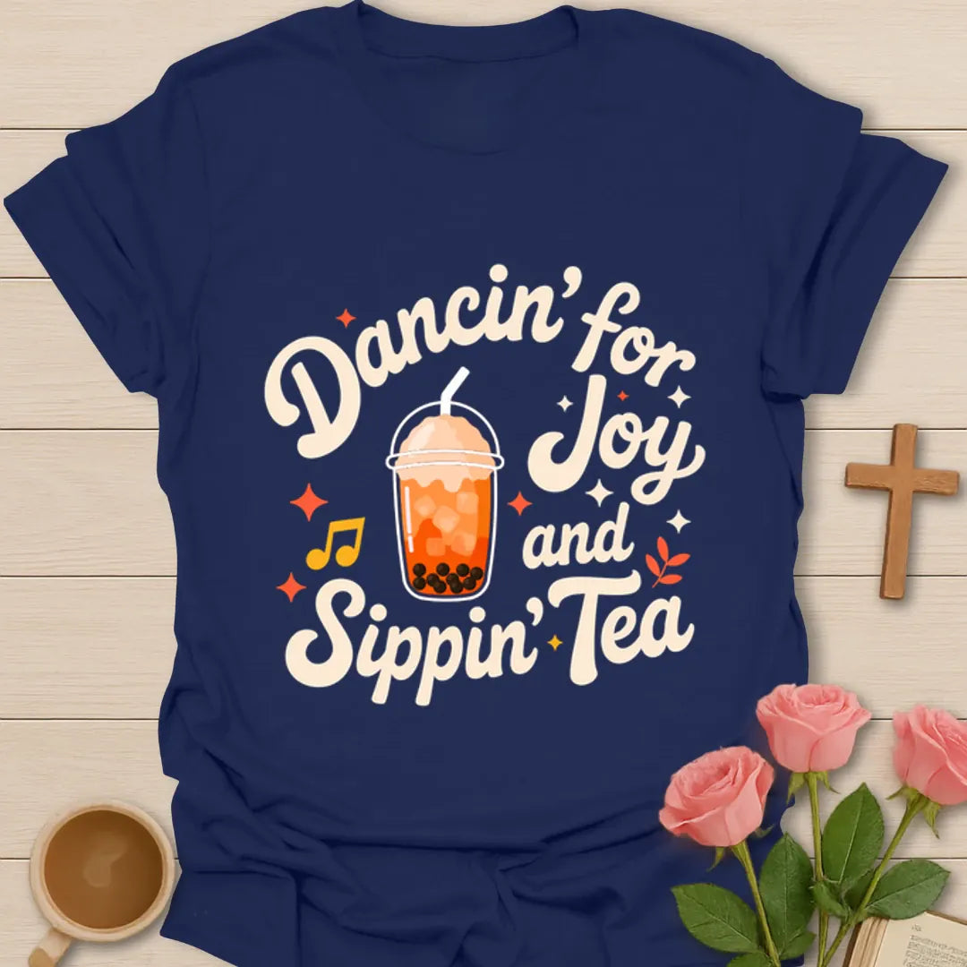 Dancin For Joy and Sippin Tea shirt with bubble tea cup, music notes, stars, and retro lettering. - Navy
