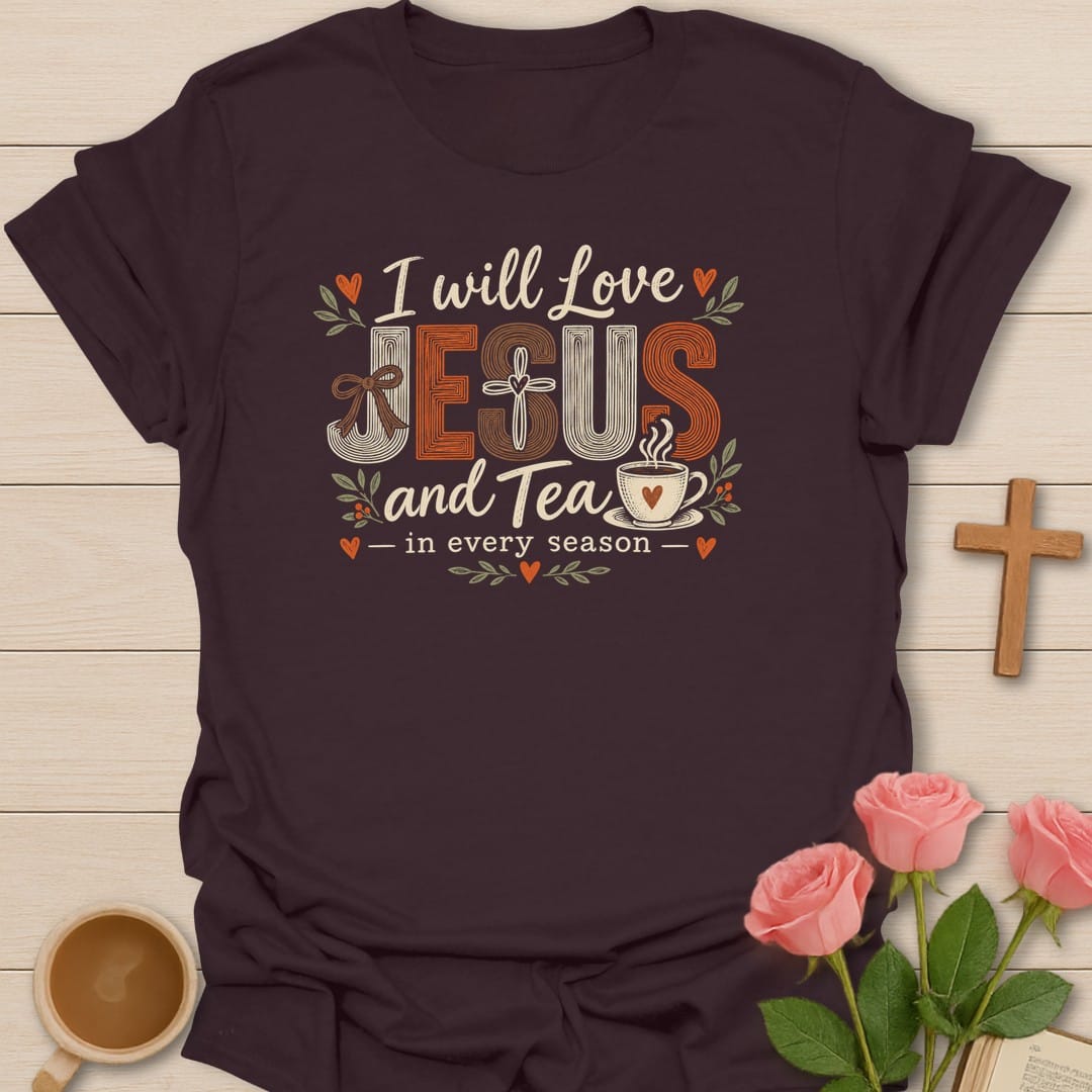 Every Season Grace t-shirt with seasonal lettering and grace-themed faith design - Dark Chocolate