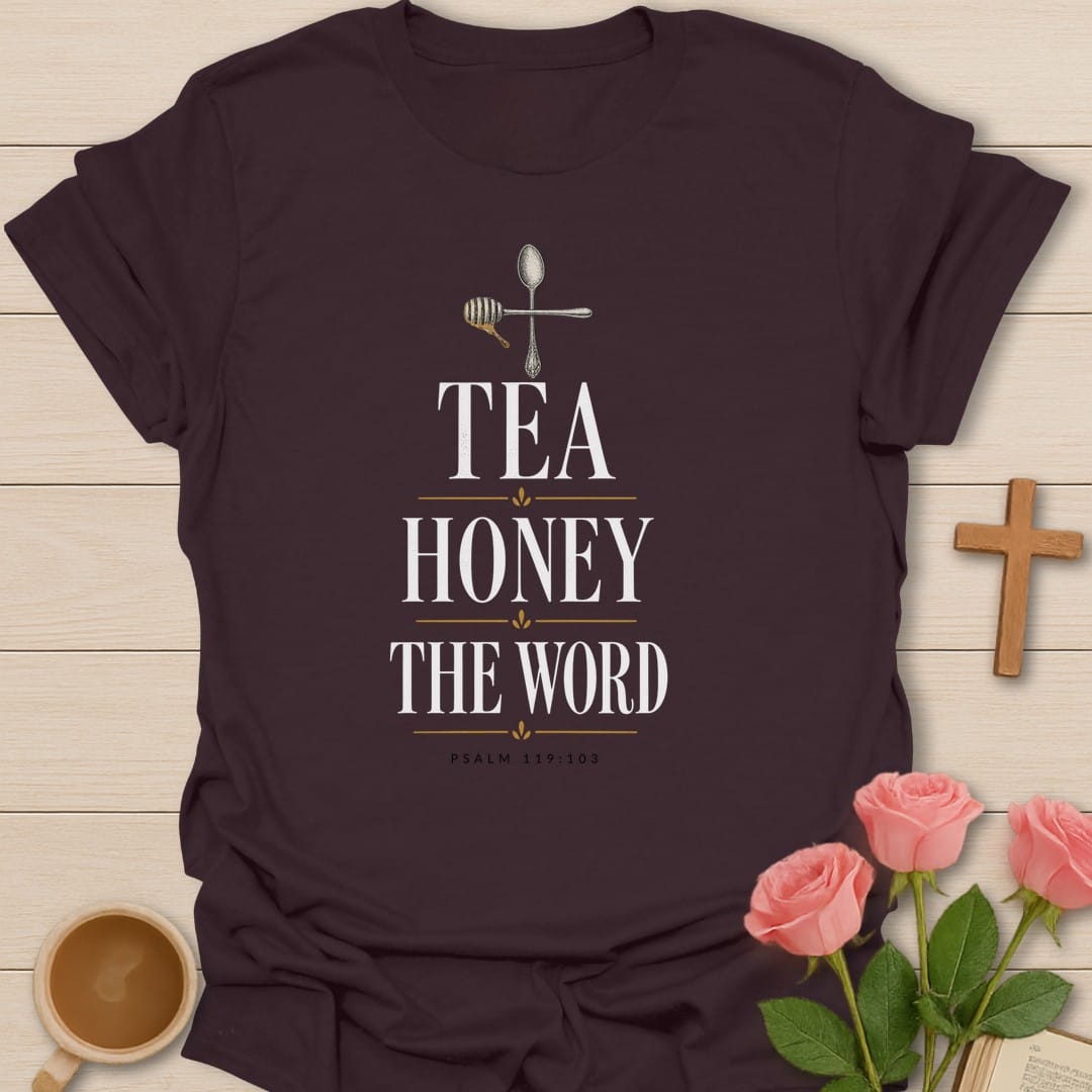 Sweet Honey Word t-shirt with honey and Scripture lettering and faith-inspired design - Dark Chocolate