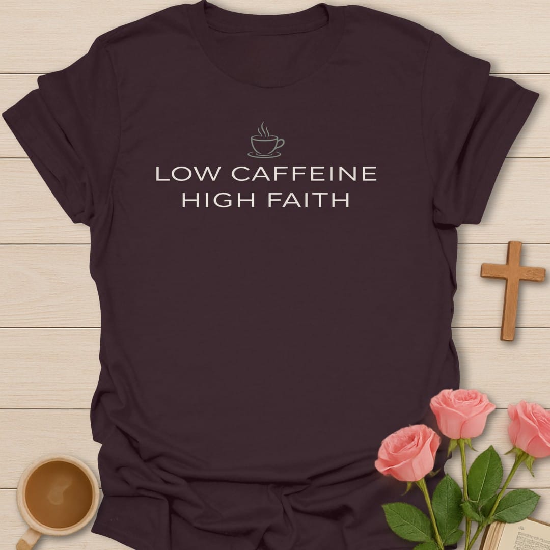 Decaf Devotion t-shirt with coffee lettering and playful faith design - Dark Chocolate