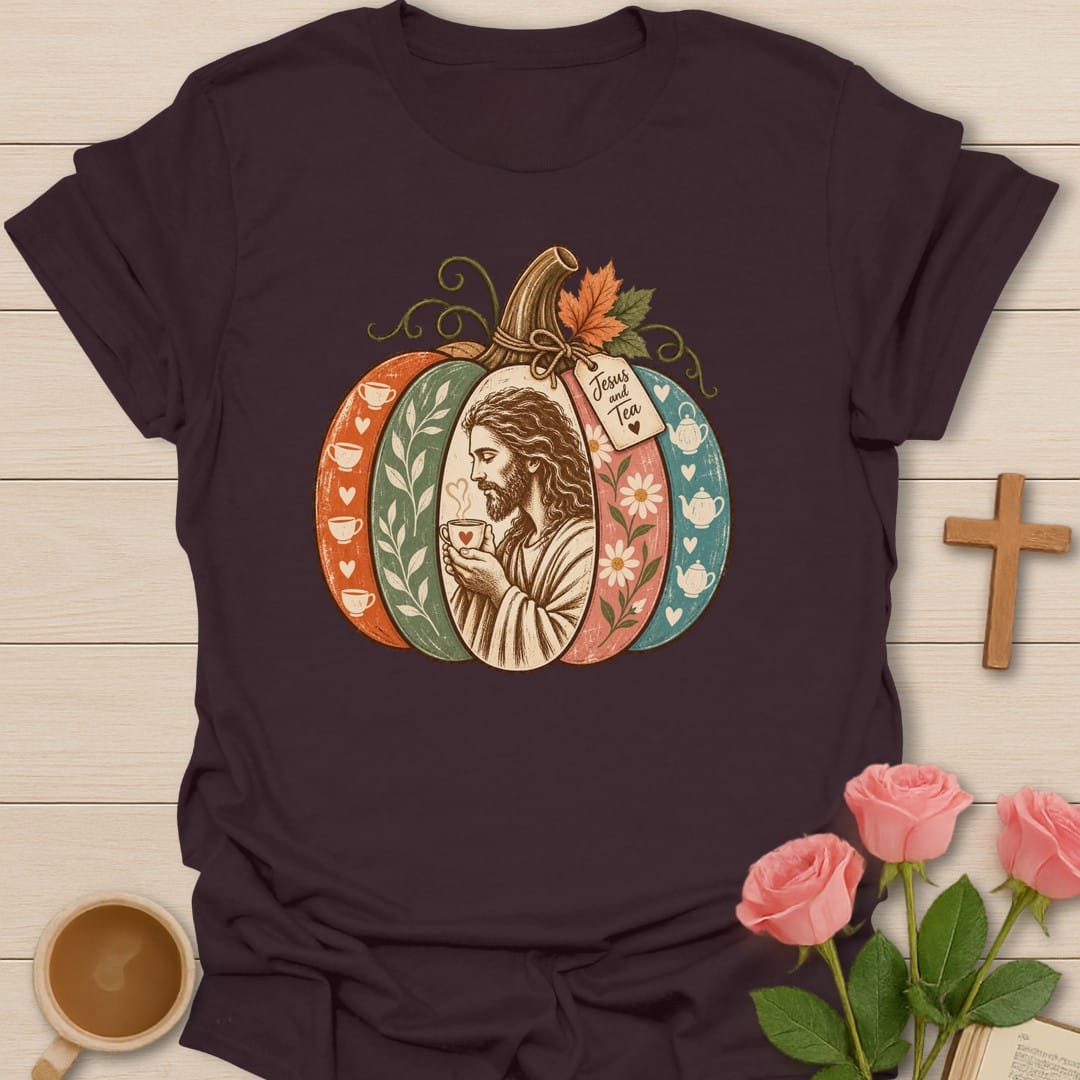 Jesus Tea Pumpkin t-shirt with cozy fall pumpkin and tea artwork and faith-inspired design - Dark Chocolate