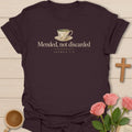 Mended Cup t-shirt with mended tea cup artwork and faith-inspired design - Dark Chocolate