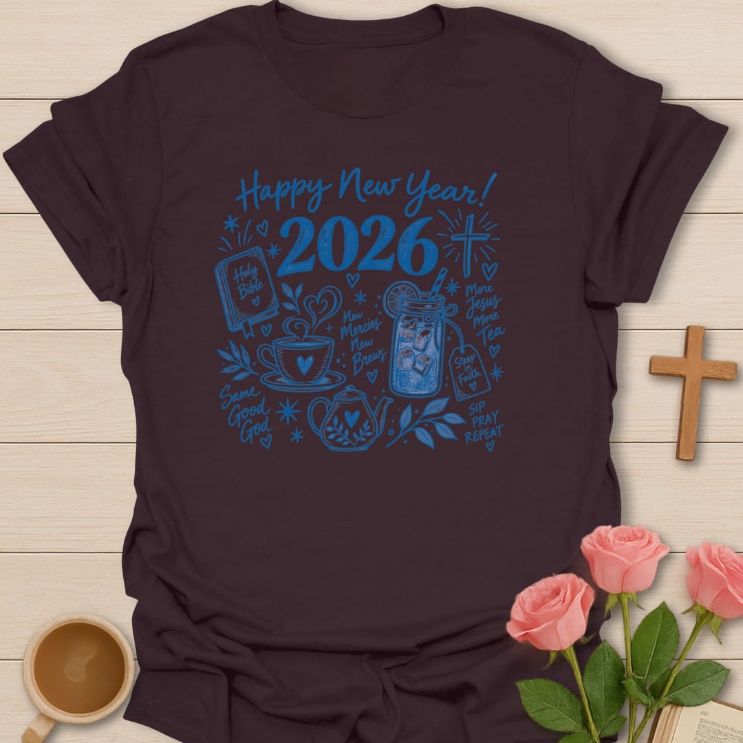 Holy Bible 2026 t-shirt with new year lettering and faith-inspired design - Dark Chocolate