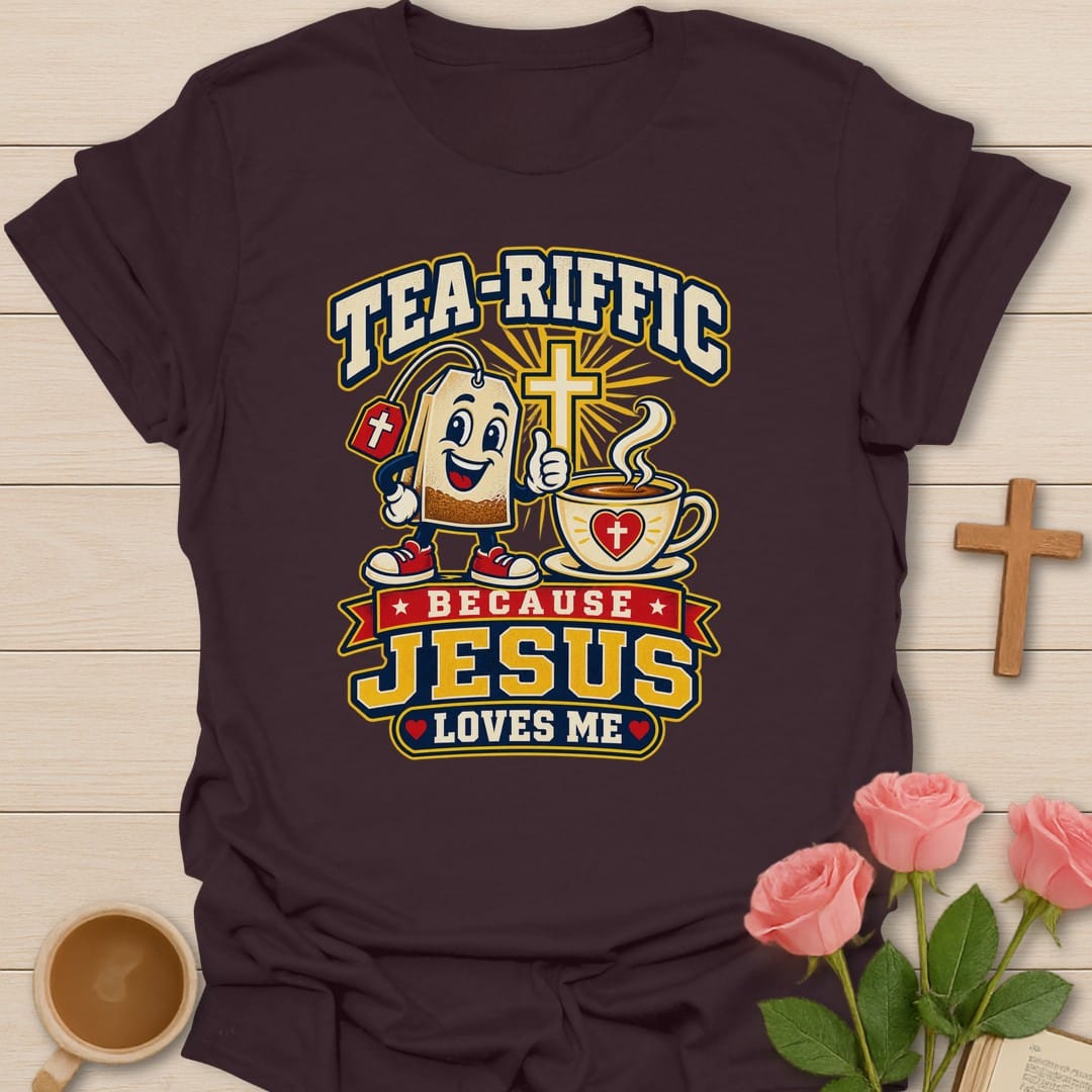 Tea-Riffic Faith t-shirt with punny tea lettering and faith design - Dark Chocolate